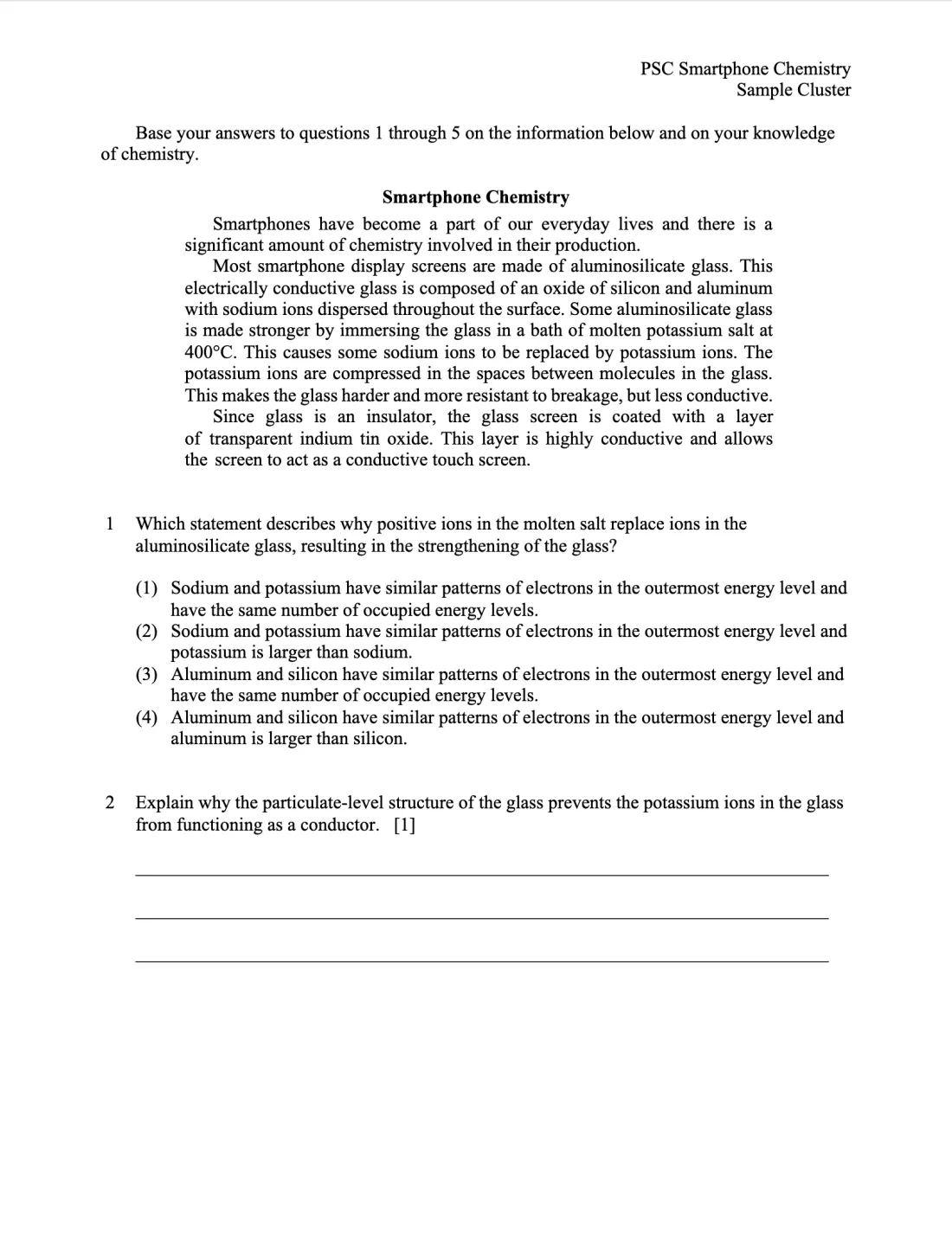 Booklet view: page 1 of the official Smartphone Chemistry sample cluster, laid out like the printed NYSED exam with the reading passage, question 1’s four choices, and answer lines for question 2.