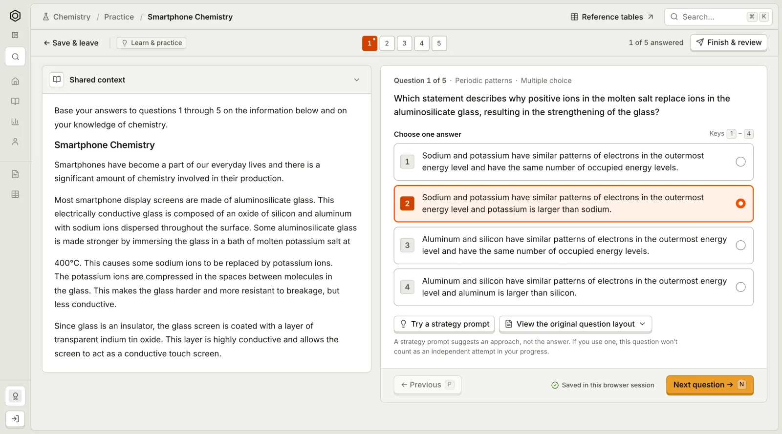 Interactive view: the Smartphone Chemistry passage pinned beside question 1, with one answer choice selected and question tabs 1 to 5 across the top.